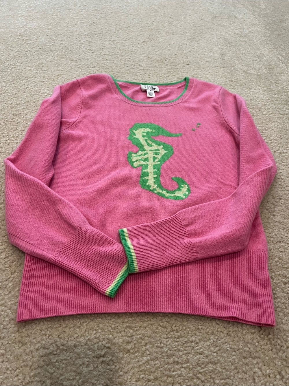 Lilly Pulitzer Pink Crewneck Sweater with Green Seahorse Motif